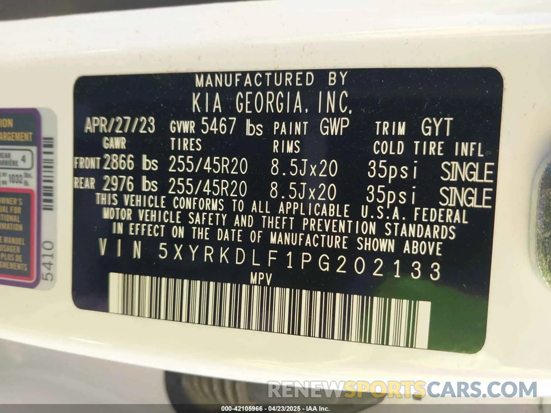 9 fotografías del automóvil dañado 5XYRKDLF1PG202133 KIA SORENTO 2023