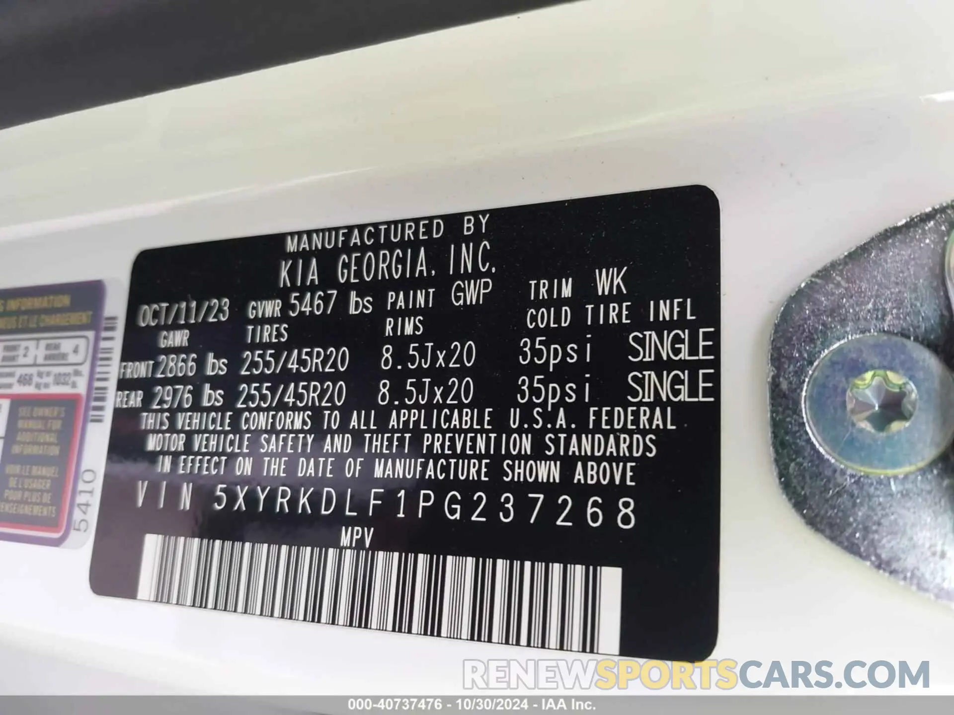 9 fotografías del automóvil dañado 5XYRKDLF1PG237268 KIA SORENTO 2023
