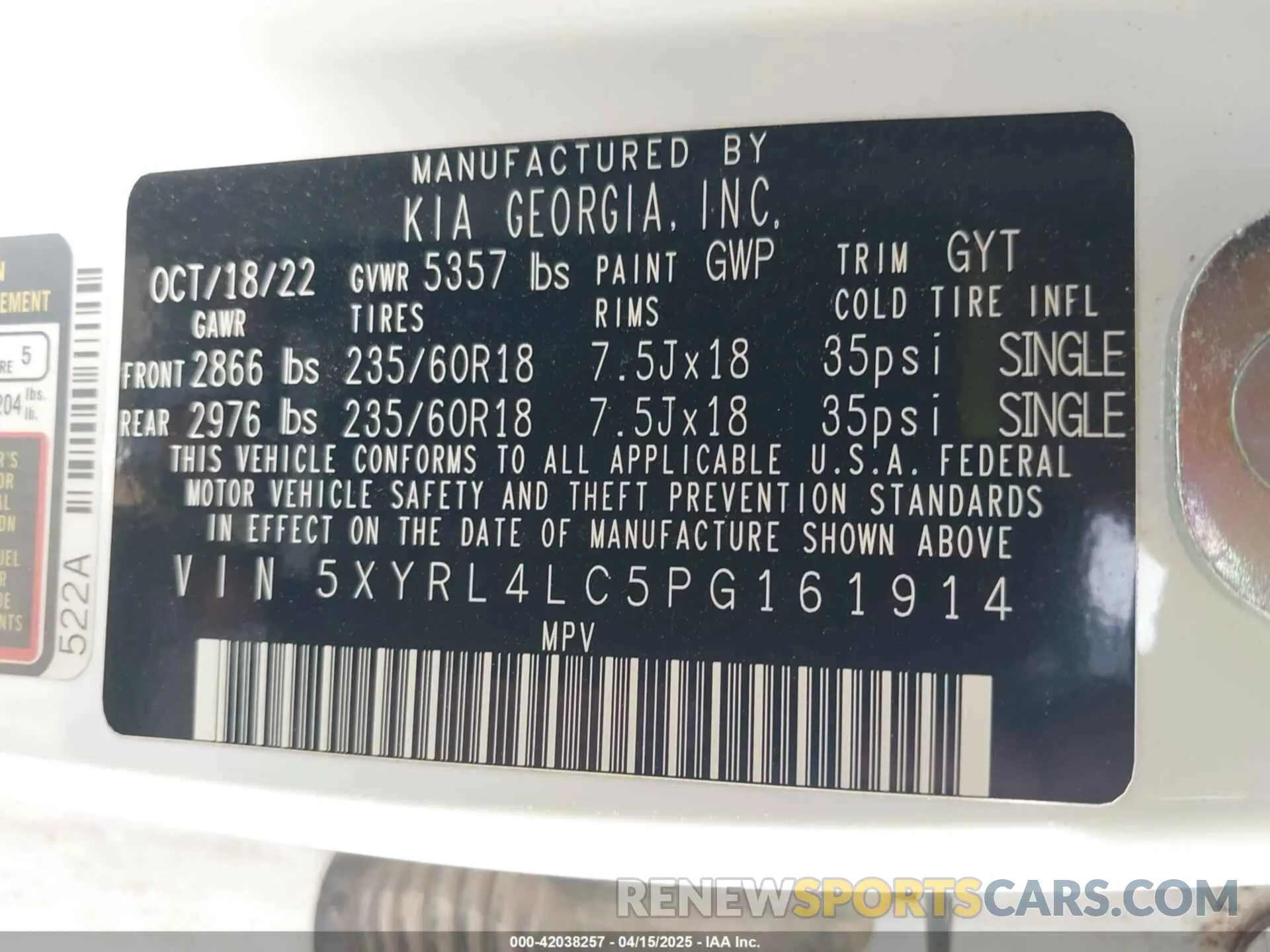 9 fotografías del automóvil dañado 5XYRL4LC5PG161914 KIA SORENTO 2023