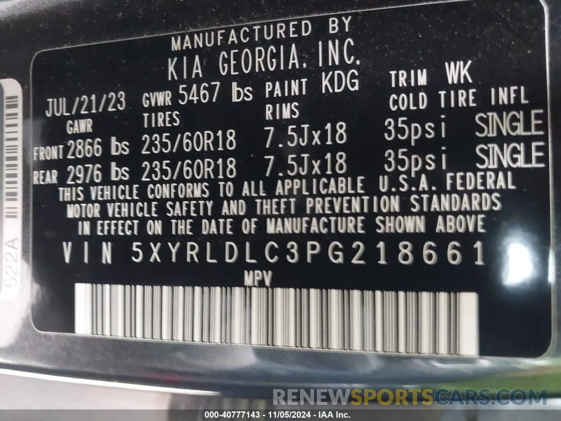 9 fotografías del automóvil dañado 5XYRLDLC3PG218661 KIA SORENTO 2023