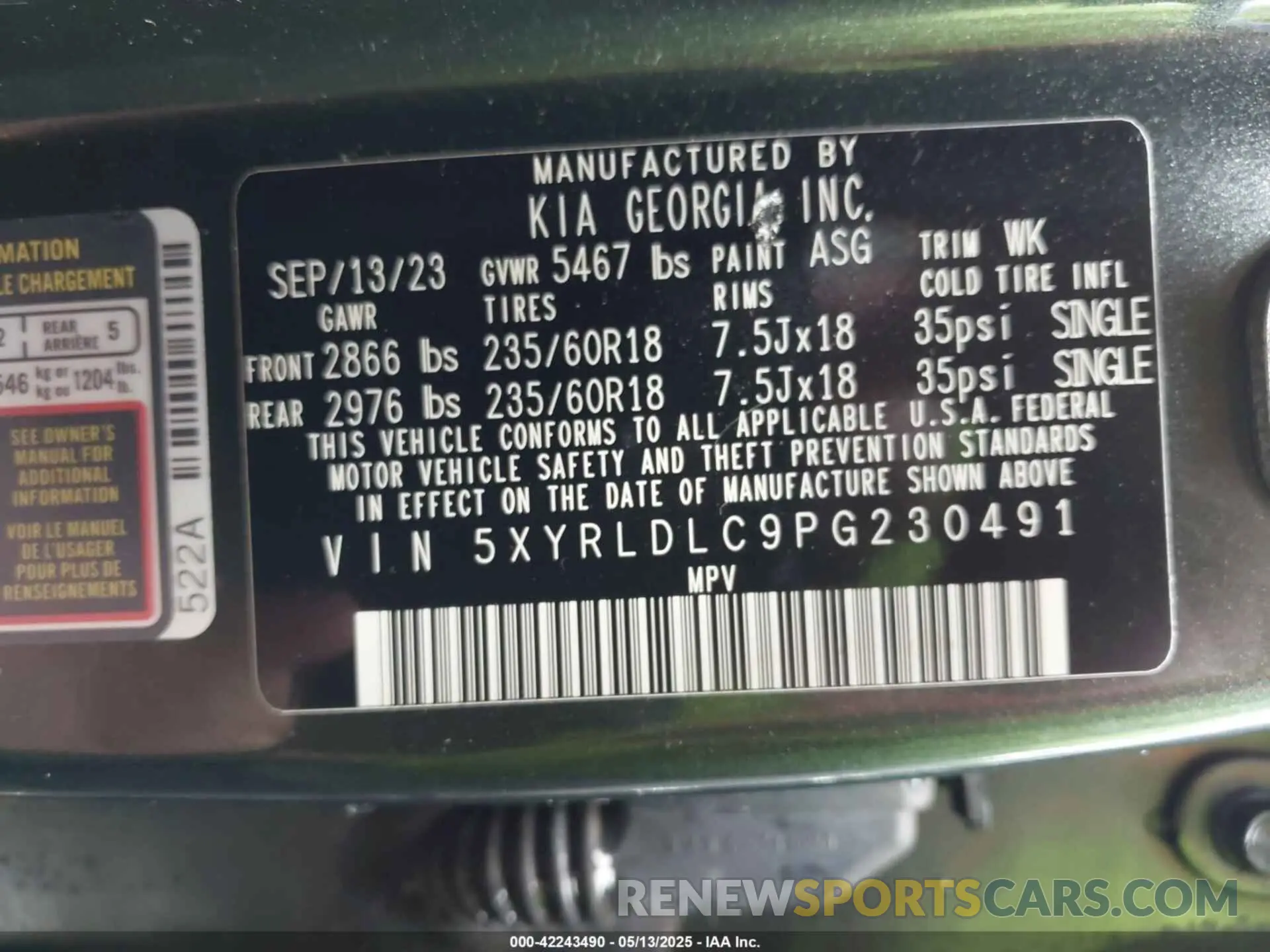 9 fotografías del automóvil dañado 5XYRLDLC9PG230491 KIA SORENTO 2023
