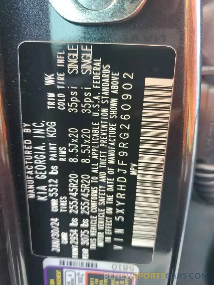 14 fotografías del automóvil dañado 5XYRHDJF9RG260902 KIA SORENTO 2024