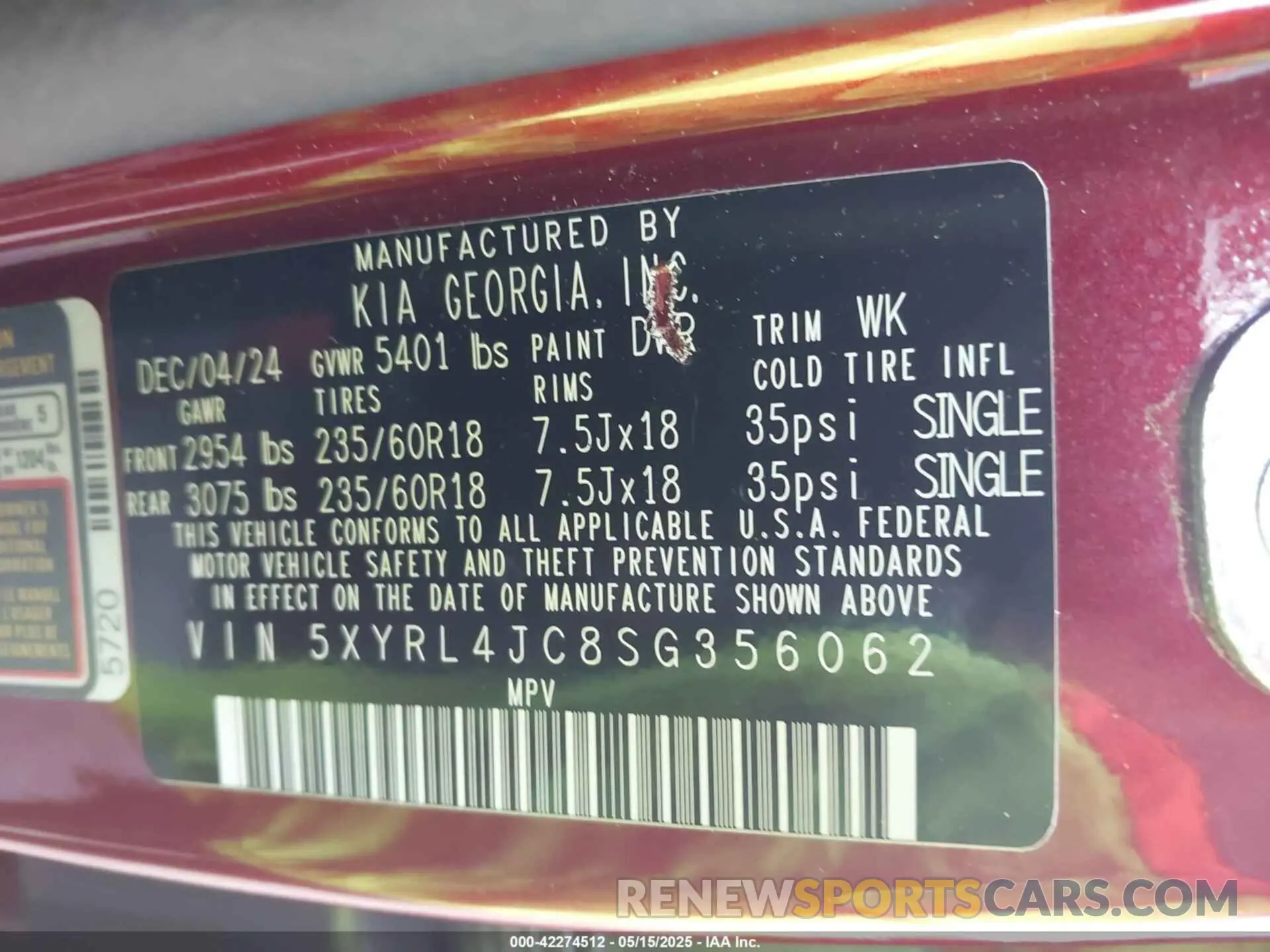 9 fotografías del automóvil dañado 5XYRL4JC8SG356062 KIA SORENTO 2025
