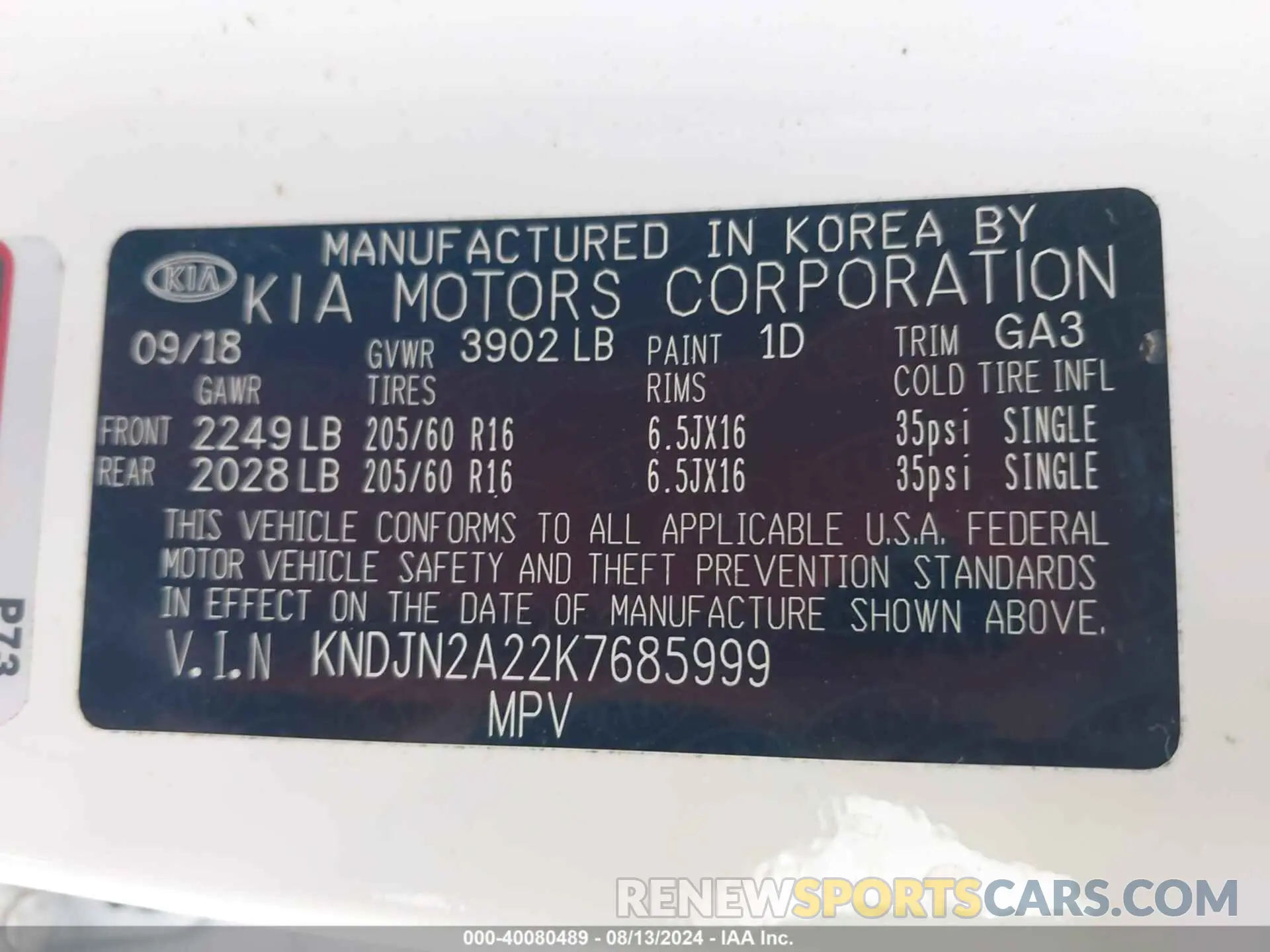 9 fotografías del automóvil dañado KNDJN2A22K7685999 KIA SOUL 2019