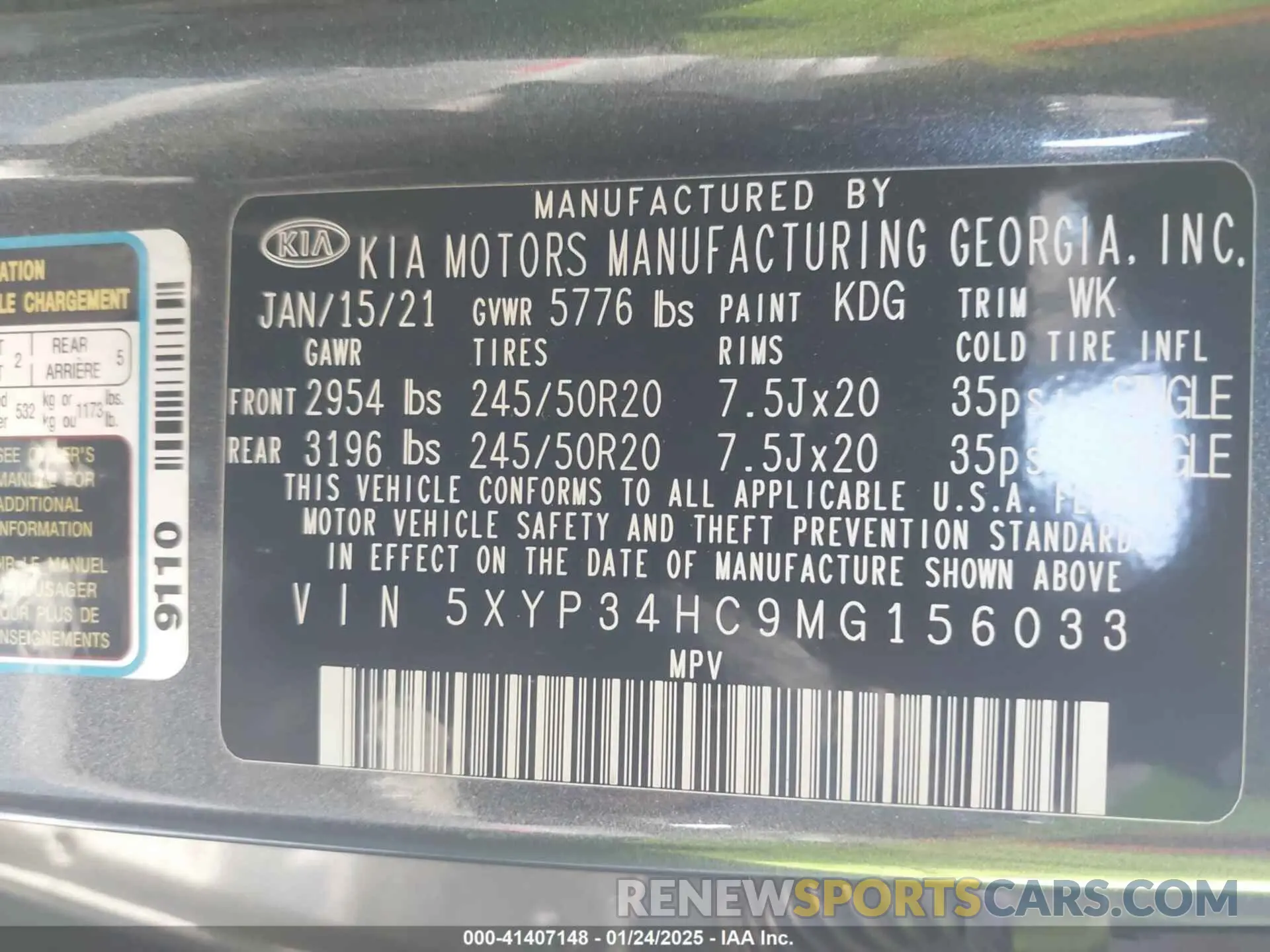 9 fotografías del automóvil dañado 5XYP34HC9MG156033 KIA TELLURIDE 2021