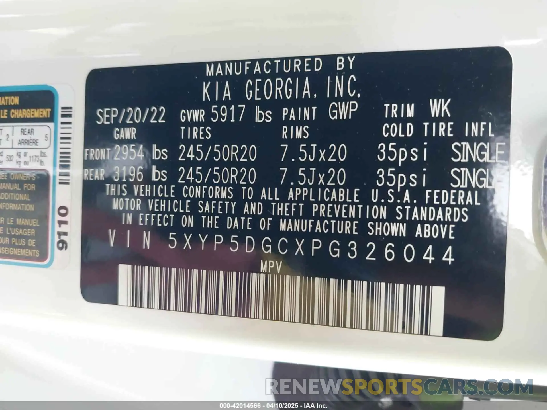 9 fotografías del automóvil dañado 5XYP5DGCXPG326044 KIA TELLURIDE 2023
