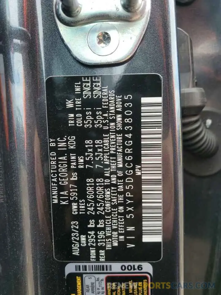 14 fotografías del automóvil dañado 5XYP5DGC6RG438035 KIA TELLURIDE 2024