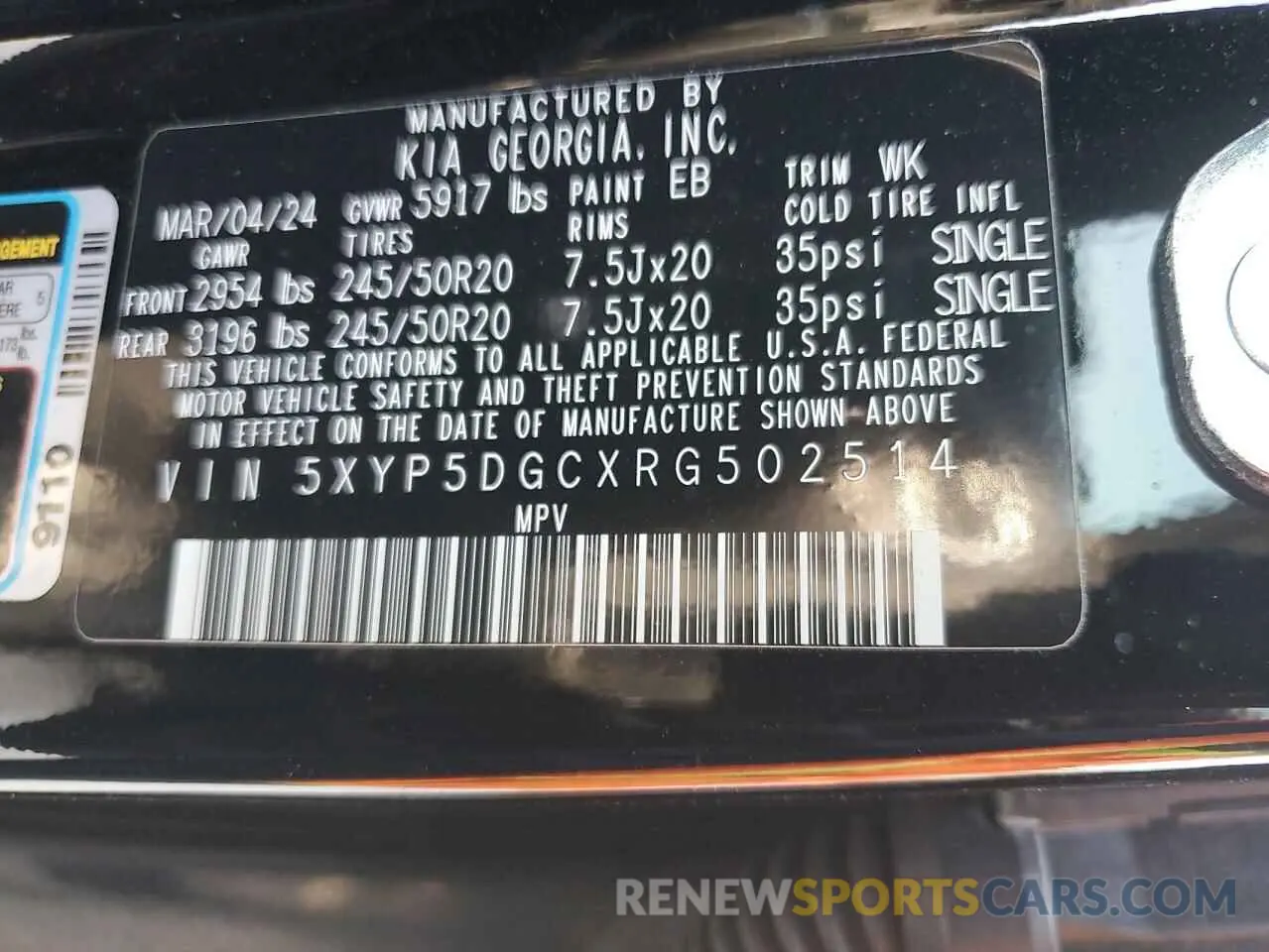 15 fotografías del automóvil dañado 5XYP5DGCXRG502514 KIA TELLURIDE 2024