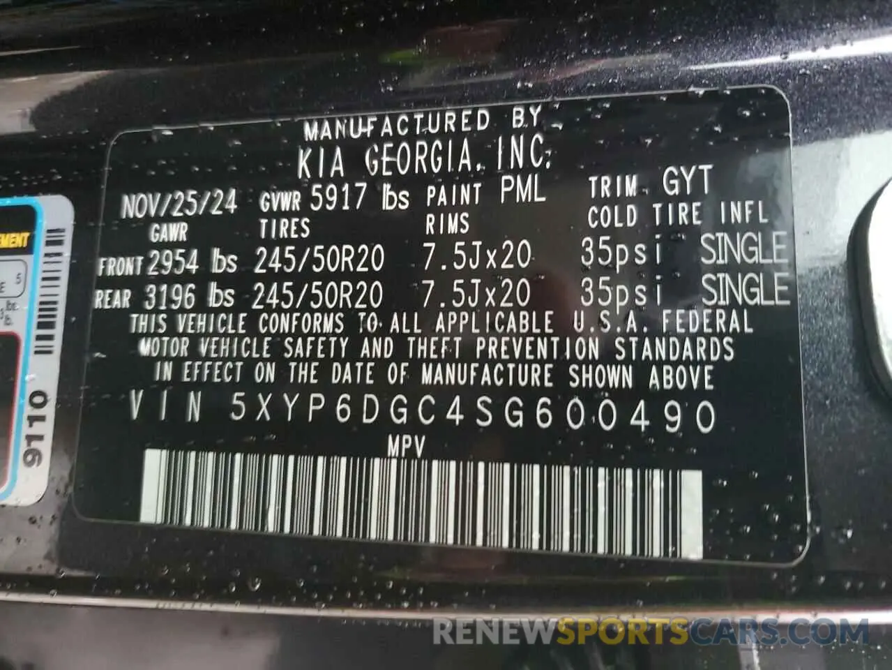 14 fotografías del automóvil dañado 5XYP6DGC4SG600490 KIA TELLURIDE 2025