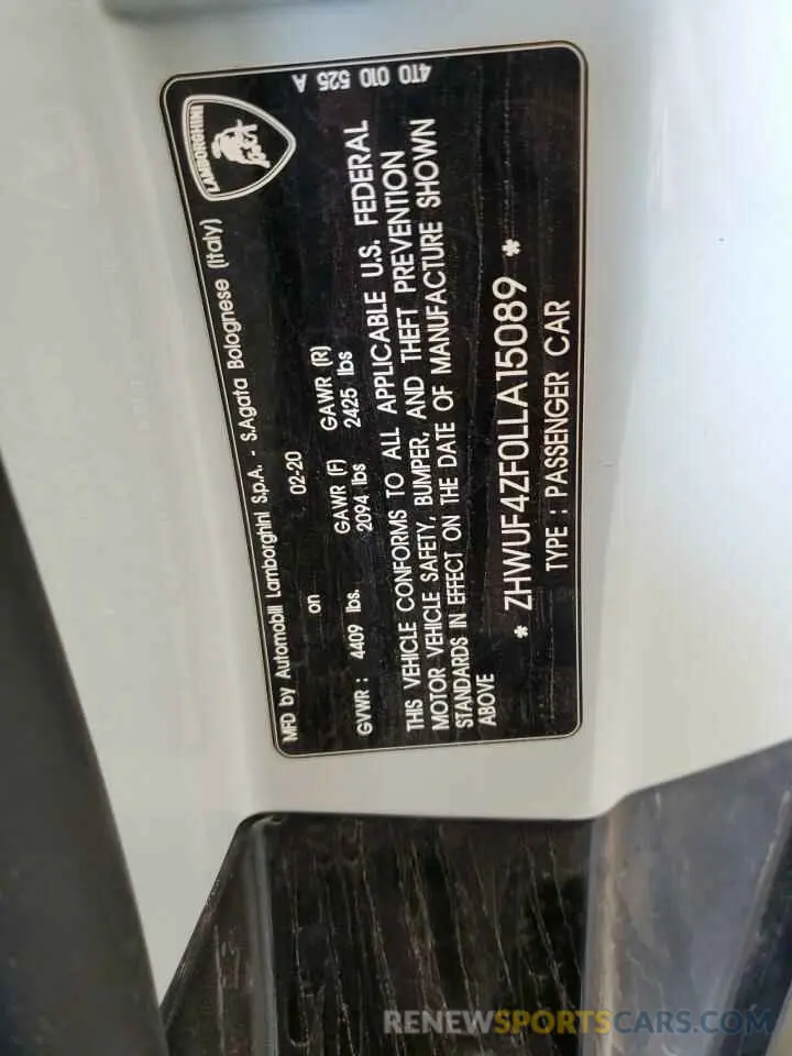 10 fotografías del automóvil dañado ZHWUF4ZF0LLA15089 LAMBORGHINI ALL MODELS 2020
