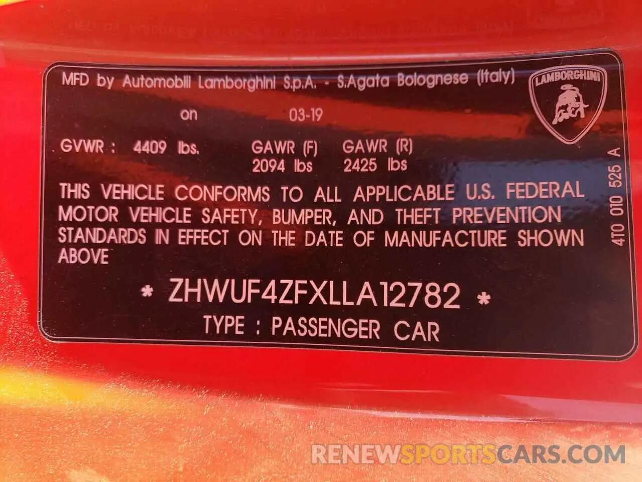 10 fotografías del automóvil dañado ZHWUF4ZFXLLA12782 LAMBORGHINI ALL MODELS 2020