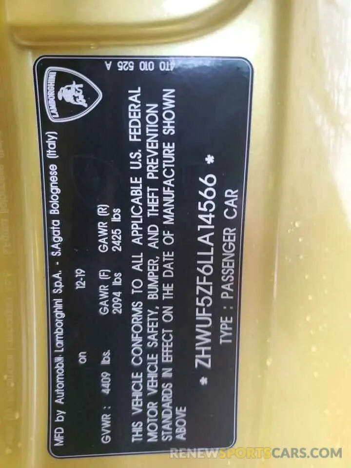 12 fotografías del automóvil dañado ZHWUF5ZF6LLA14566 LAMBORGHINI ALL MODELS 2020