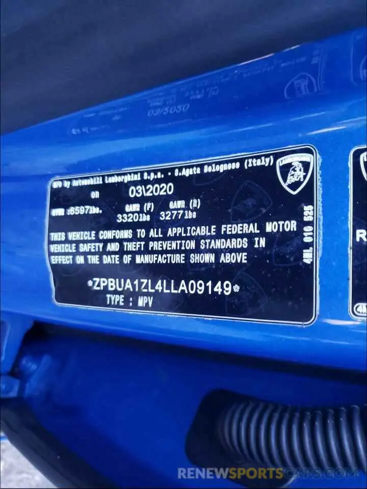 10 fotografías del automóvil dañado ZPBUA1ZL4LLA09149 LAMBORGHINI ALL MODELS 2020