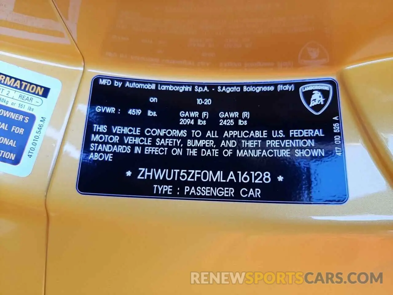 10 fotografías del automóvil dañado ZHWUT5ZF0MLA16128 LAMBORGHINI ALL MODELS 2021