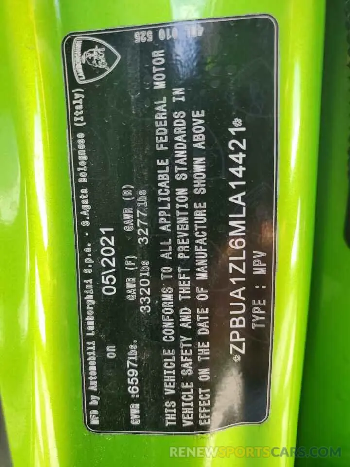 14 fotografías del automóvil dañado ZPBUA1ZL6MLA14421 LAMBORGHINI ALL MODELS 2021