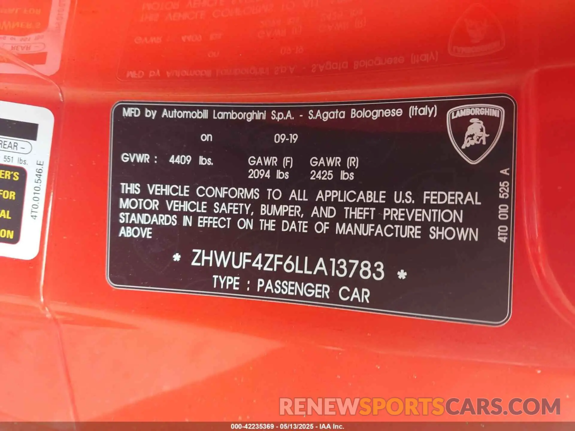 9 fotografías del automóvil dañado ZHWUF4ZF6LLA13783 LAMBORGHINI HURACAN EVO 2020