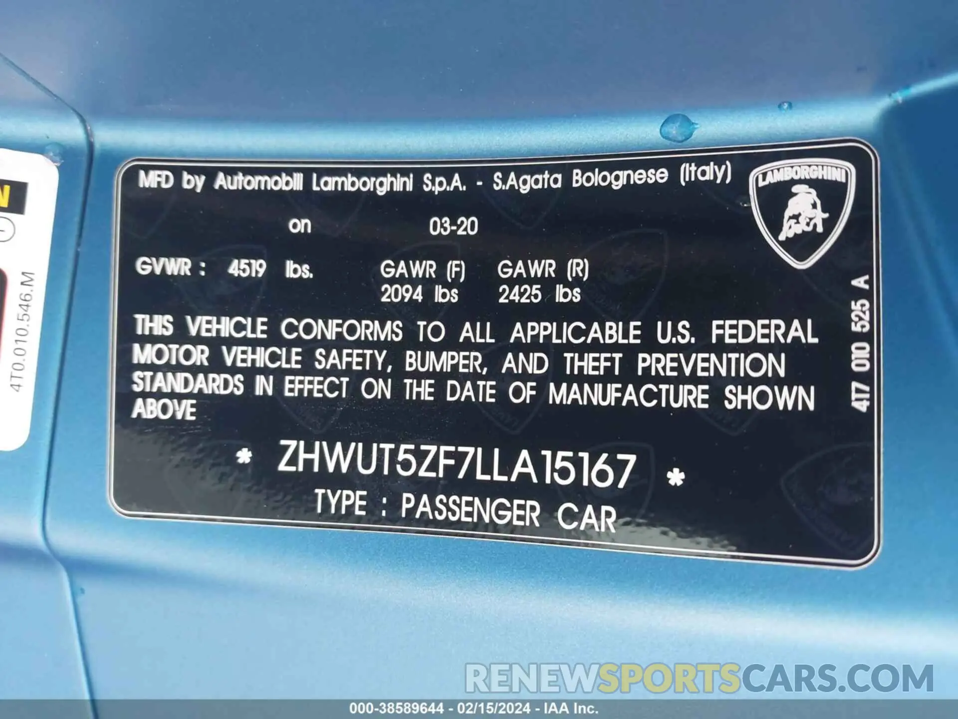 9 fotografías del automóvil dañado ZHWUT5ZF7LLA15167 LAMBORGHINI HURACAN EVO 2020