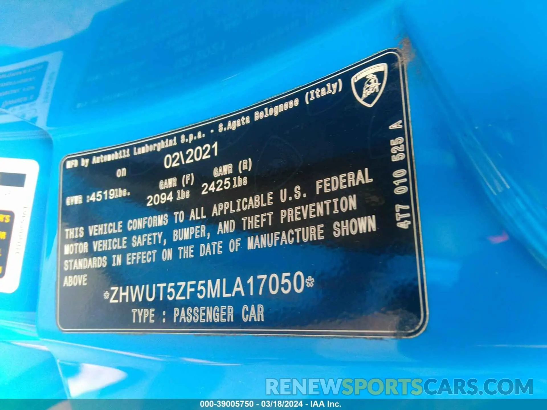 9 fotografías del automóvil dañado ZHWUT5ZF5MLA17050 LAMBORGHINI HURACAN EVO 2021