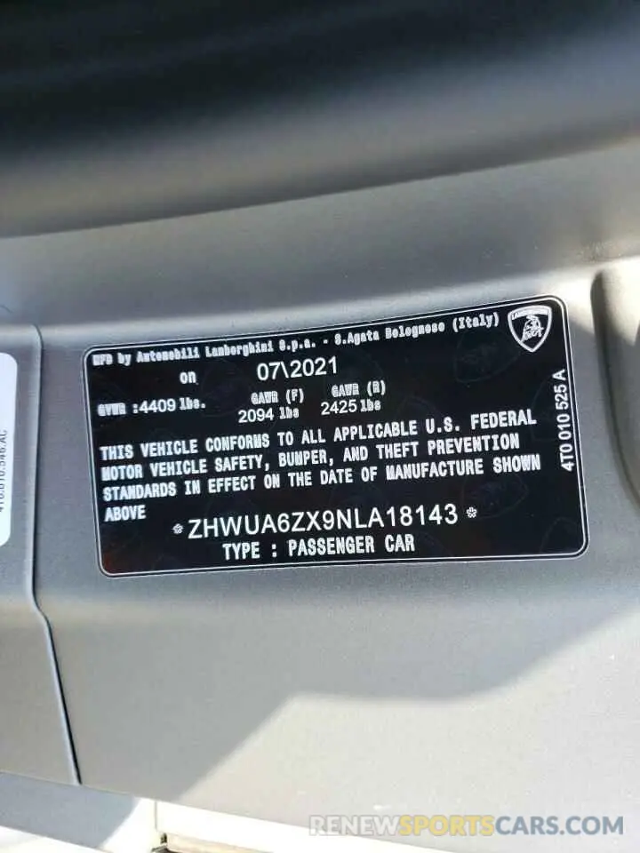 10 fotografías del automóvil dañado ZHWUA6ZX9NLA18143 LAMBORGHINI HURACAN ST 2022