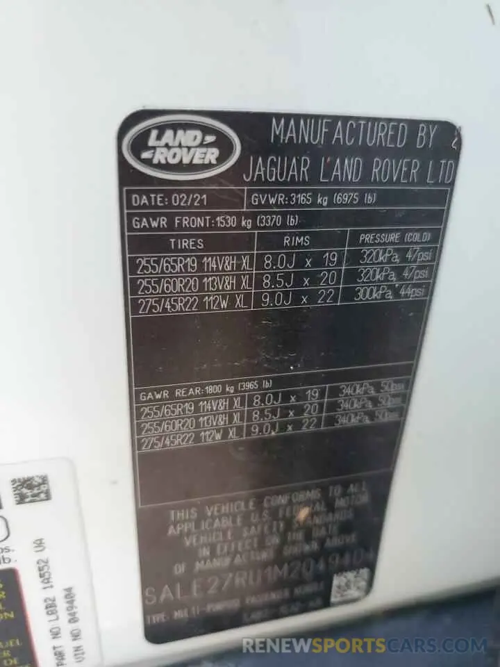 10 fotografías del automóvil dañado SALE27RU1M2049404 LAND ROVER DEFENDER 2021