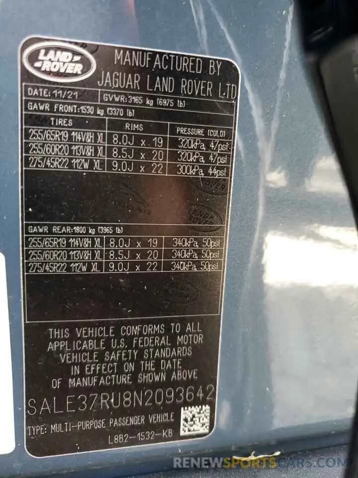 10 fotografías del automóvil dañado SALE37RU8N2093642 LAND ROVER DEFENDER 2022