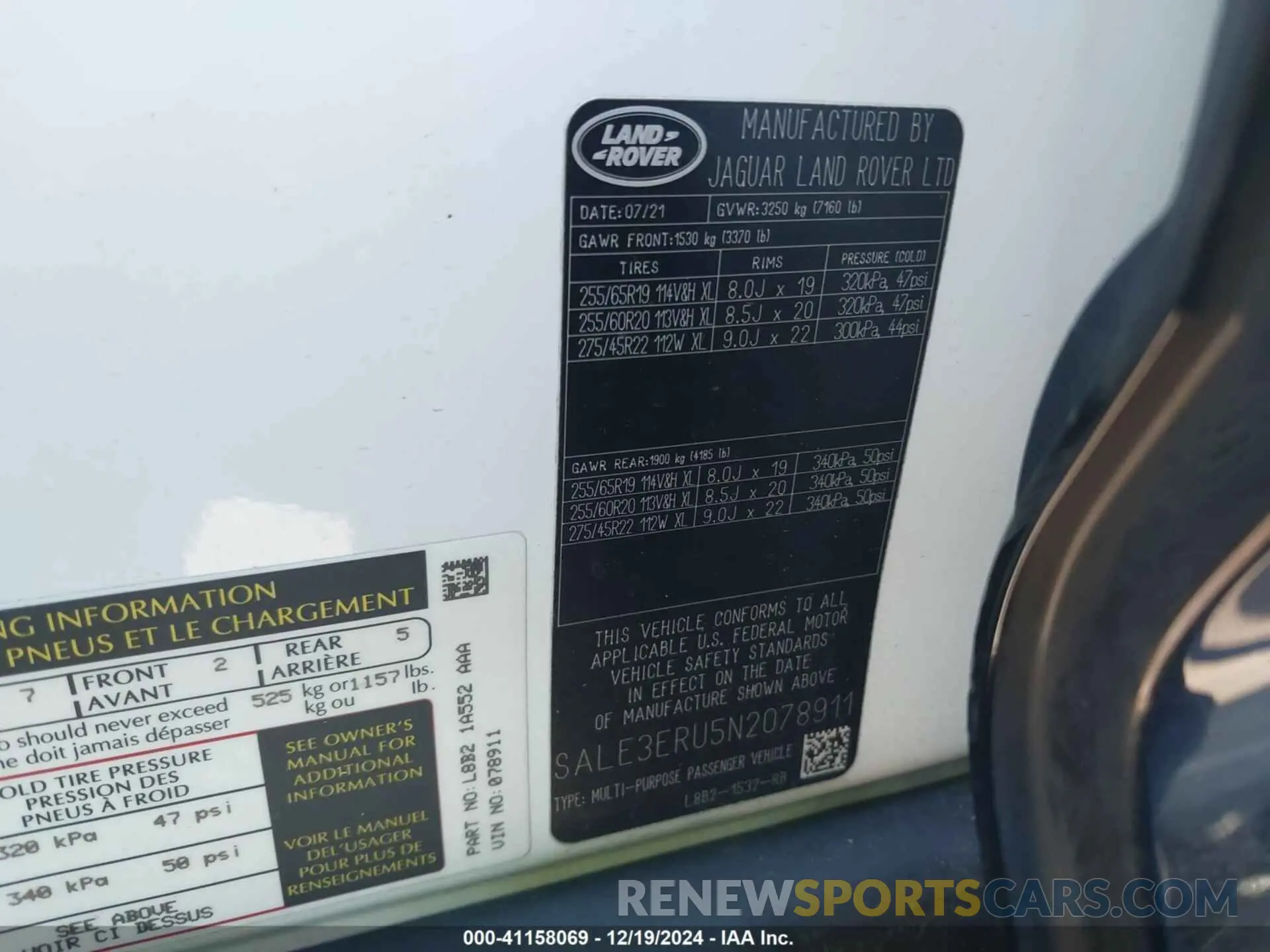 9 fotografías del automóvil dañado SALE3ERU5N2078911 LAND ROVER DEFENDER 2022