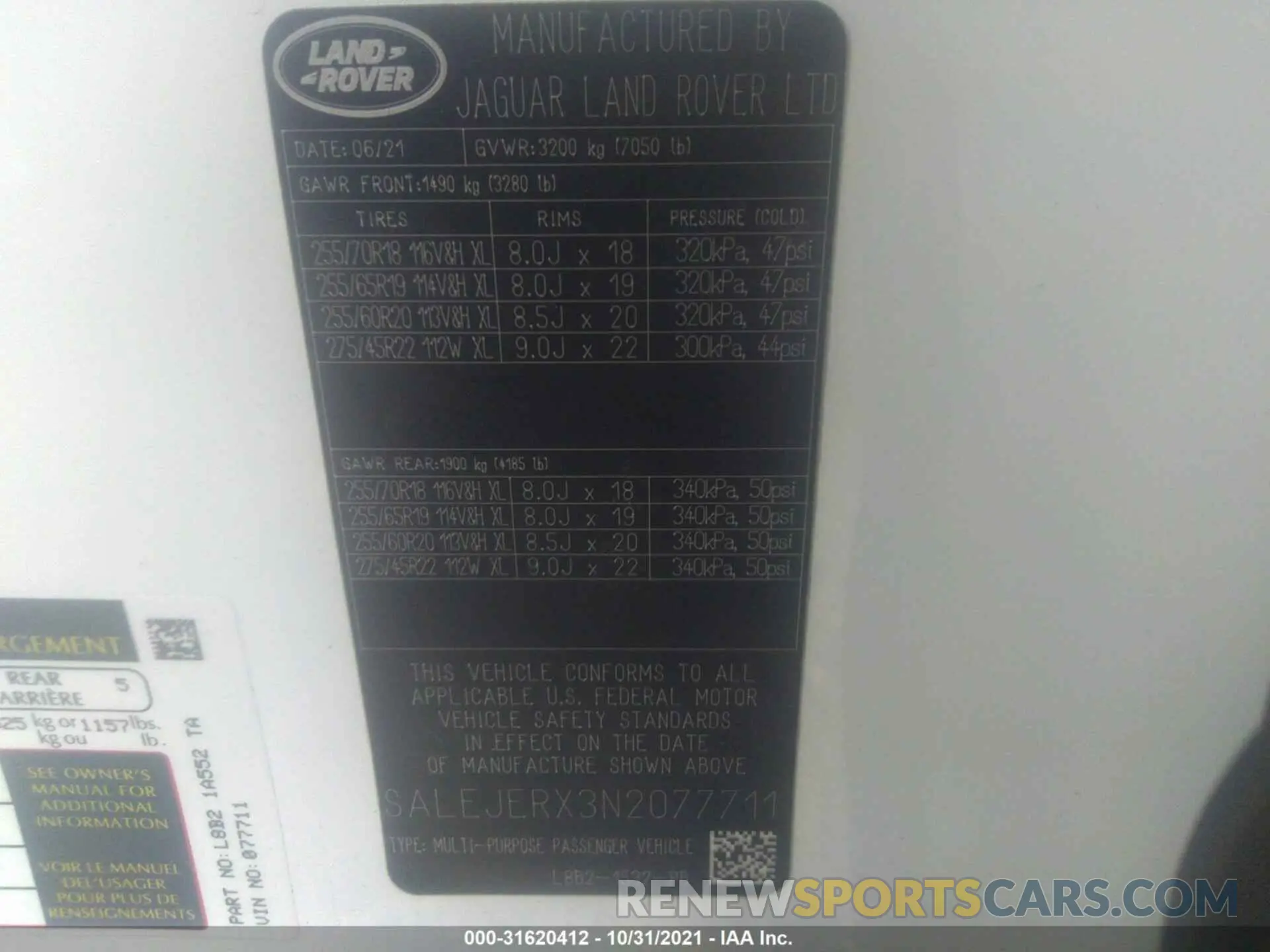 9 fotografías del automóvil dañado SALEJERX3N2077711 LAND ROVER DEFENDER 2022