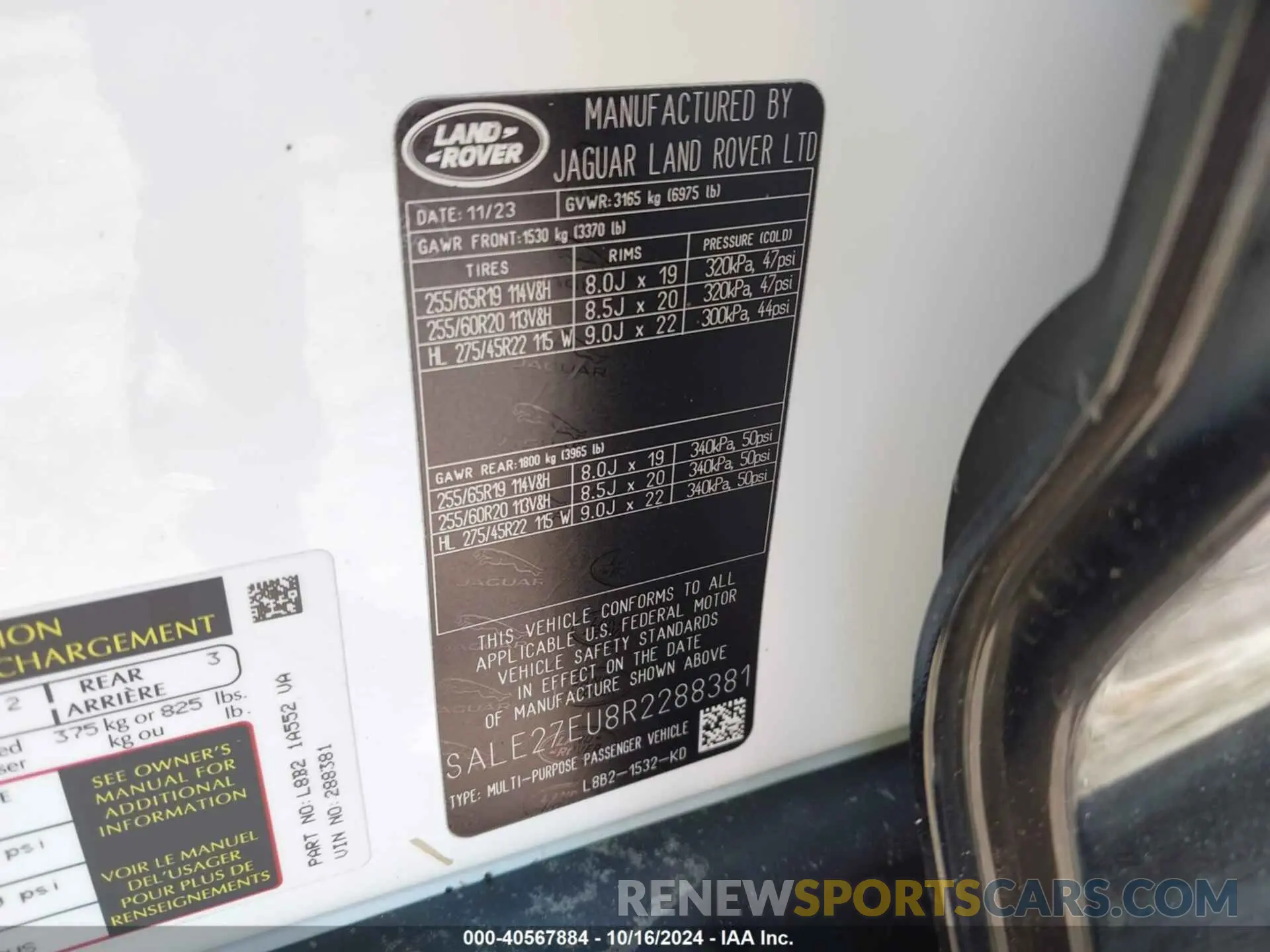 9 fotografías del automóvil dañado SALE27EU8R2288381 LAND ROVER DEFENDER 2024