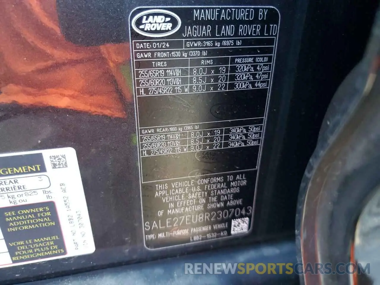13 fotografías del automóvil dañado SALE27EU8R2307043 LAND ROVER DEFENDER 2024