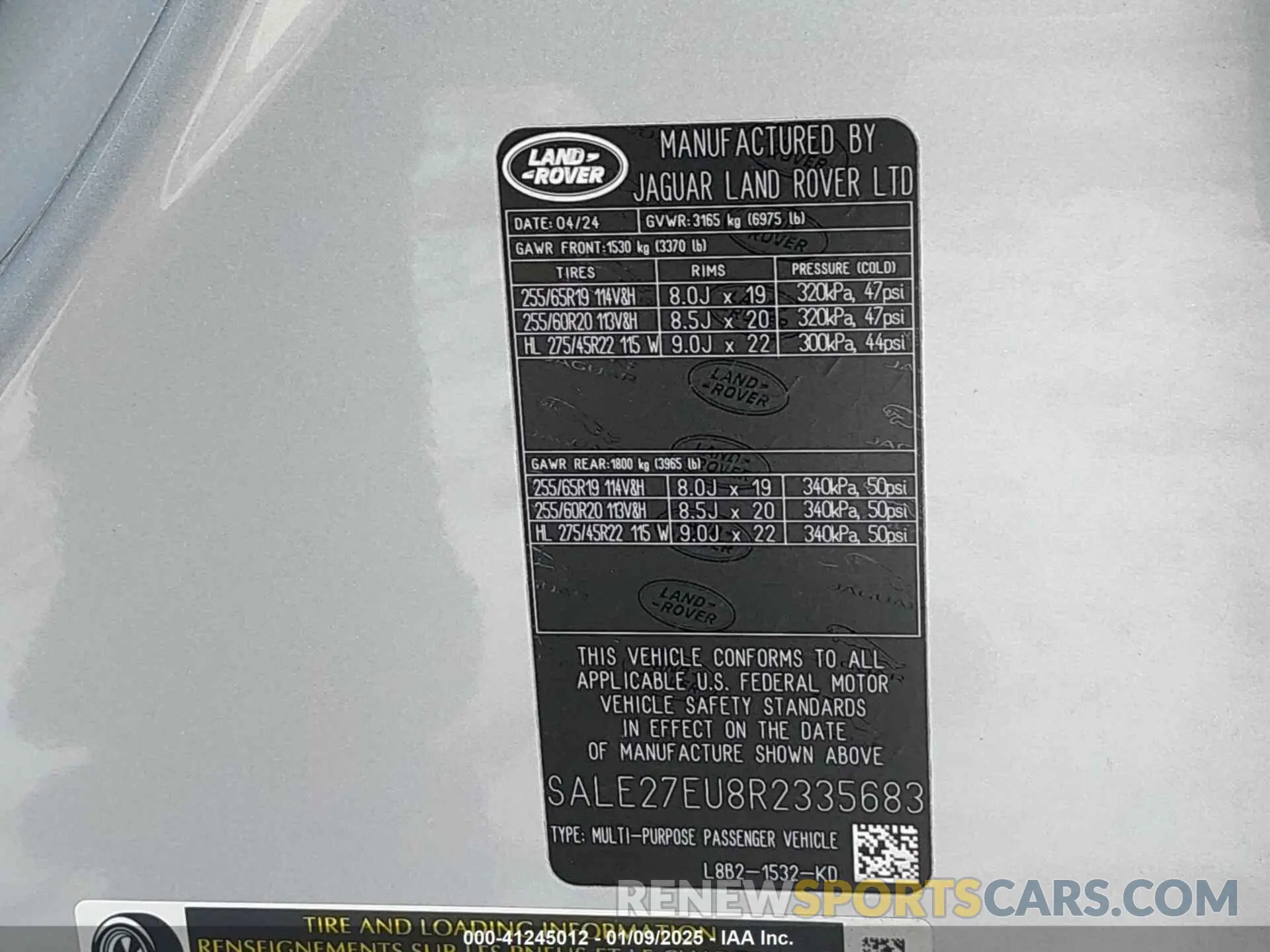 9 fotografías del automóvil dañado SALE27EU8R2335683 LAND ROVER DEFENDER 2024