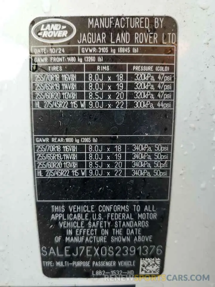 12 fotografías del automóvil dañado SALEJ7EX0S2391376 LAND ROVER DEFENDER 2025