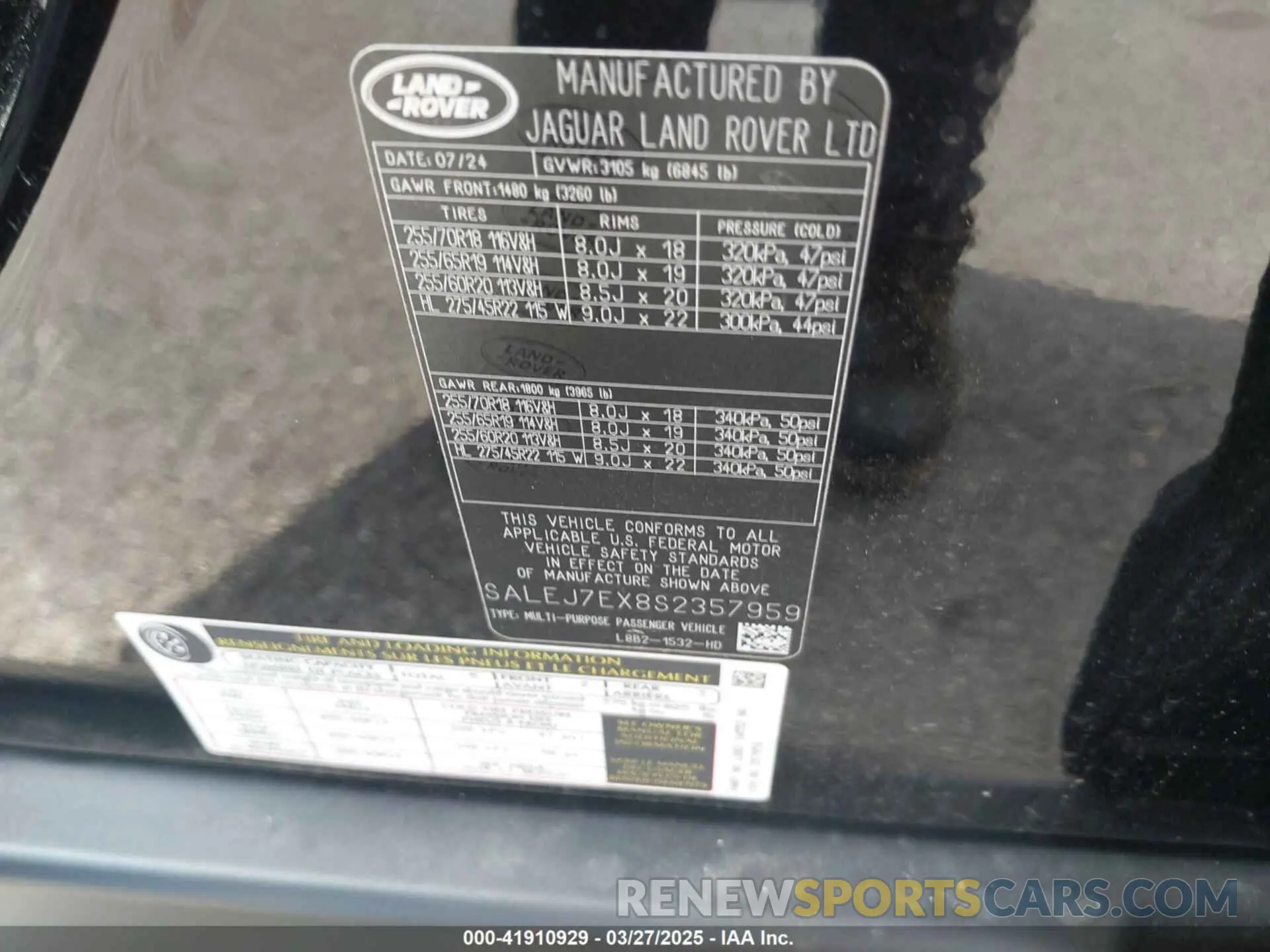 9 fotografías del automóvil dañado SALEJ7EX8S2357959 LAND ROVER DEFENDER 2025