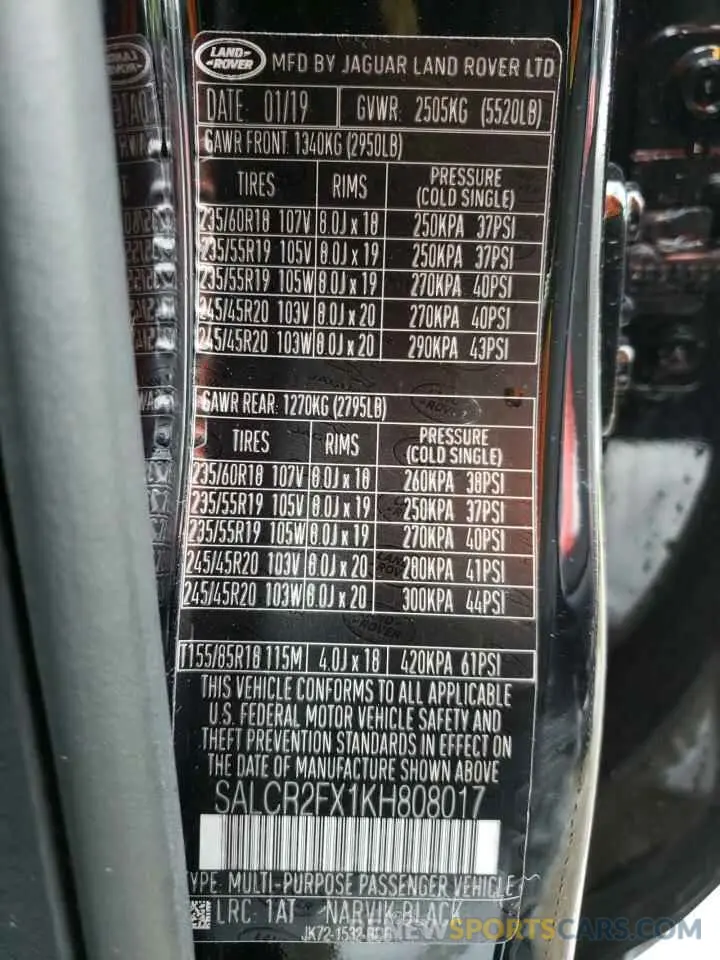 10 fotografías del automóvil dañado SALCR2FX1KH808017 LAND ROVER DISCOVERY 2019