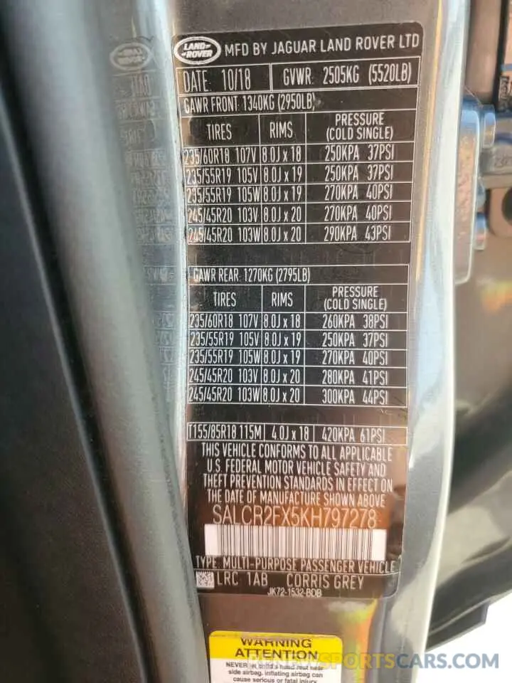 13 fotografías del automóvil dañado SALCR2FX5KH797278 LAND ROVER DISCOVERY 2019