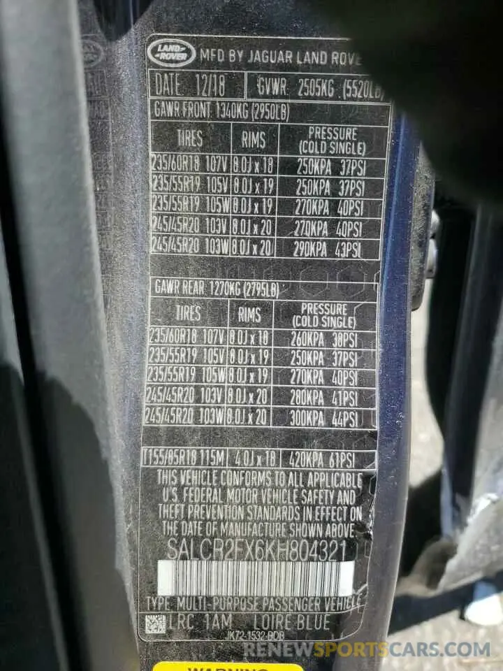 13 fotografías del automóvil dañado SALCR2FX6KH804321 LAND ROVER DISCOVERY 2019