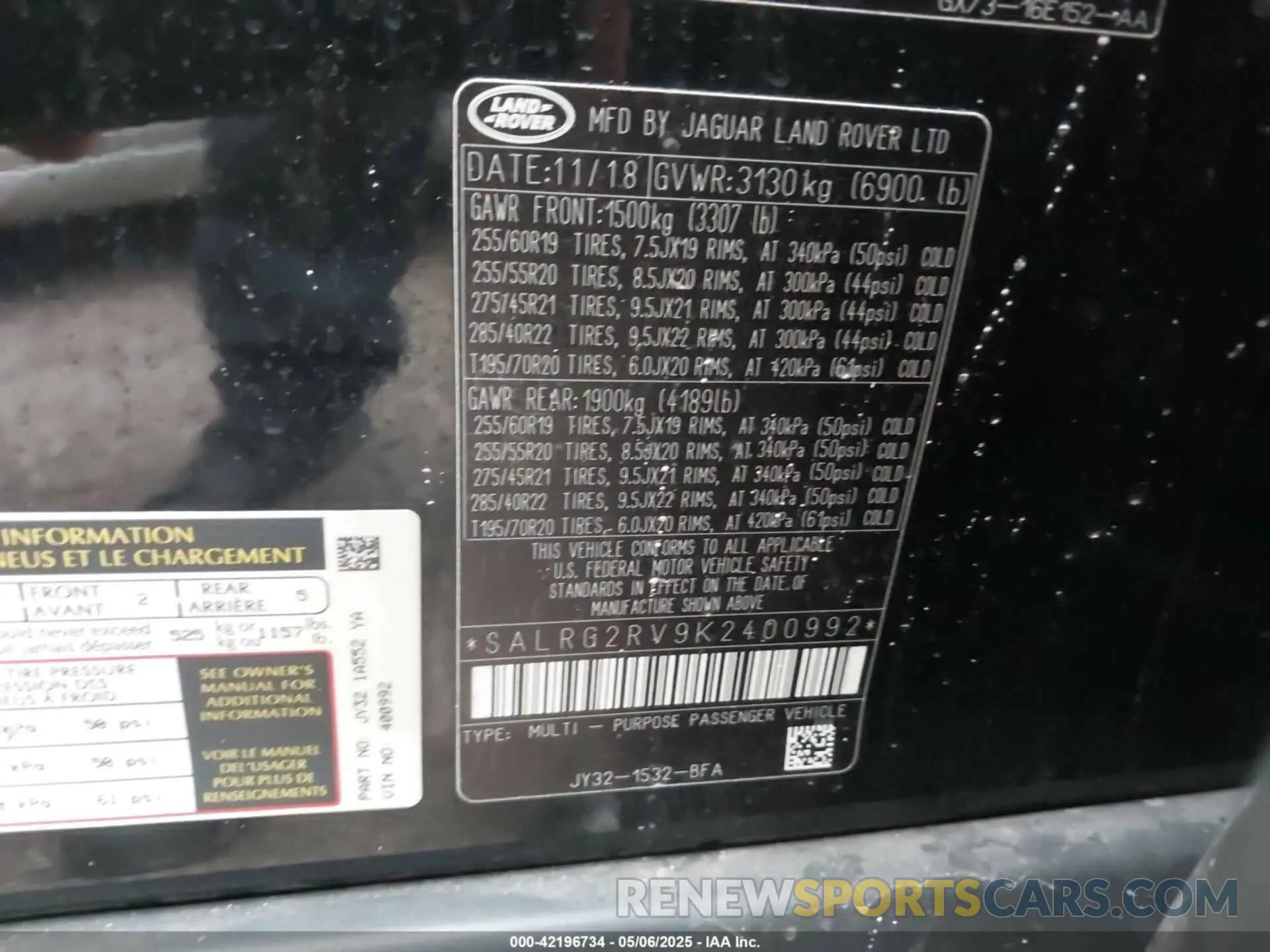 9 fotografías del automóvil dañado SALRG2RV9K2400992 LAND ROVER DISCOVERY 2019