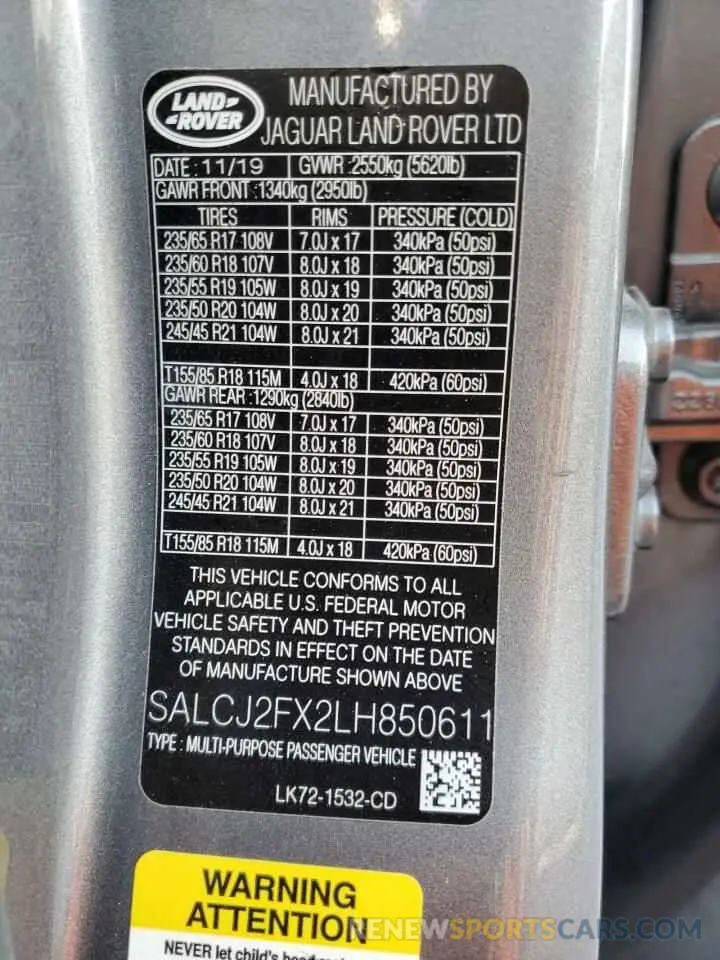 13 fotografías del automóvil dañado SALCJ2FX2LH850611 LAND ROVER DISCOVERY 2020