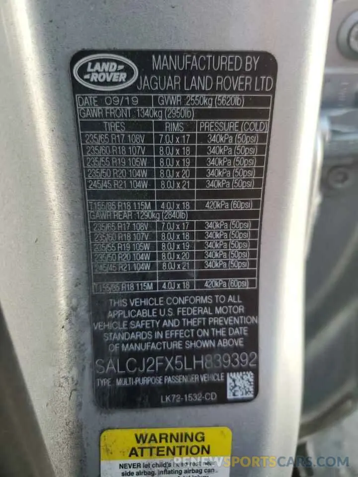 14 fotografías del automóvil dañado SALCJ2FX5LH839392 LAND ROVER DISCOVERY 2020
