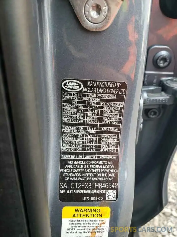 14 fotografías del automóvil dañado SALCT2FX8LH846542 LAND ROVER DISCOVERY 2020