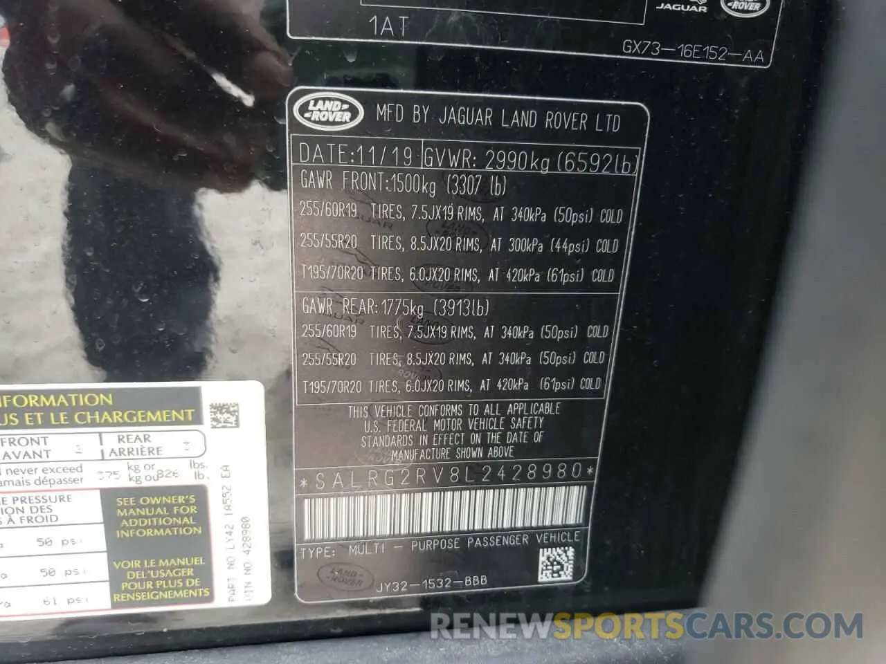 10 fotografías del automóvil dañado SALRG2RV8L2428980 LAND ROVER DISCOVERY 2020
