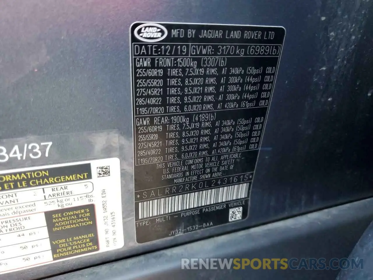 12 fotografías del automóvil dañado SALRR2RK0L2431615 LAND ROVER DISCOVERY 2020
