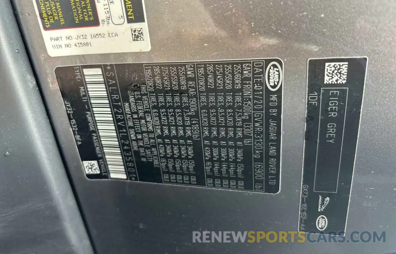 10 fotografías del automóvil dañado SALRT2RV1L2435801 LAND ROVER DISCOVERY 2020