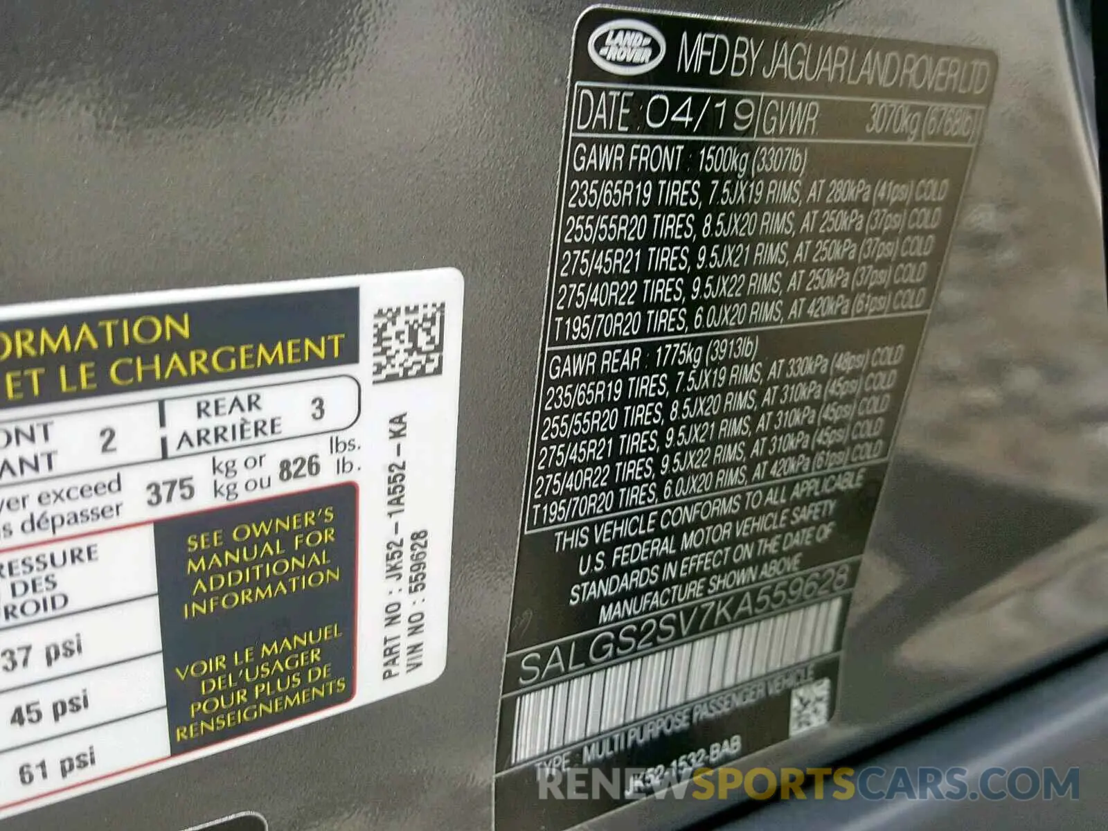 10 fotografías del automóvil dañado SALGS2SV7KA559628 LAND ROVER RANGE ROVE 2019