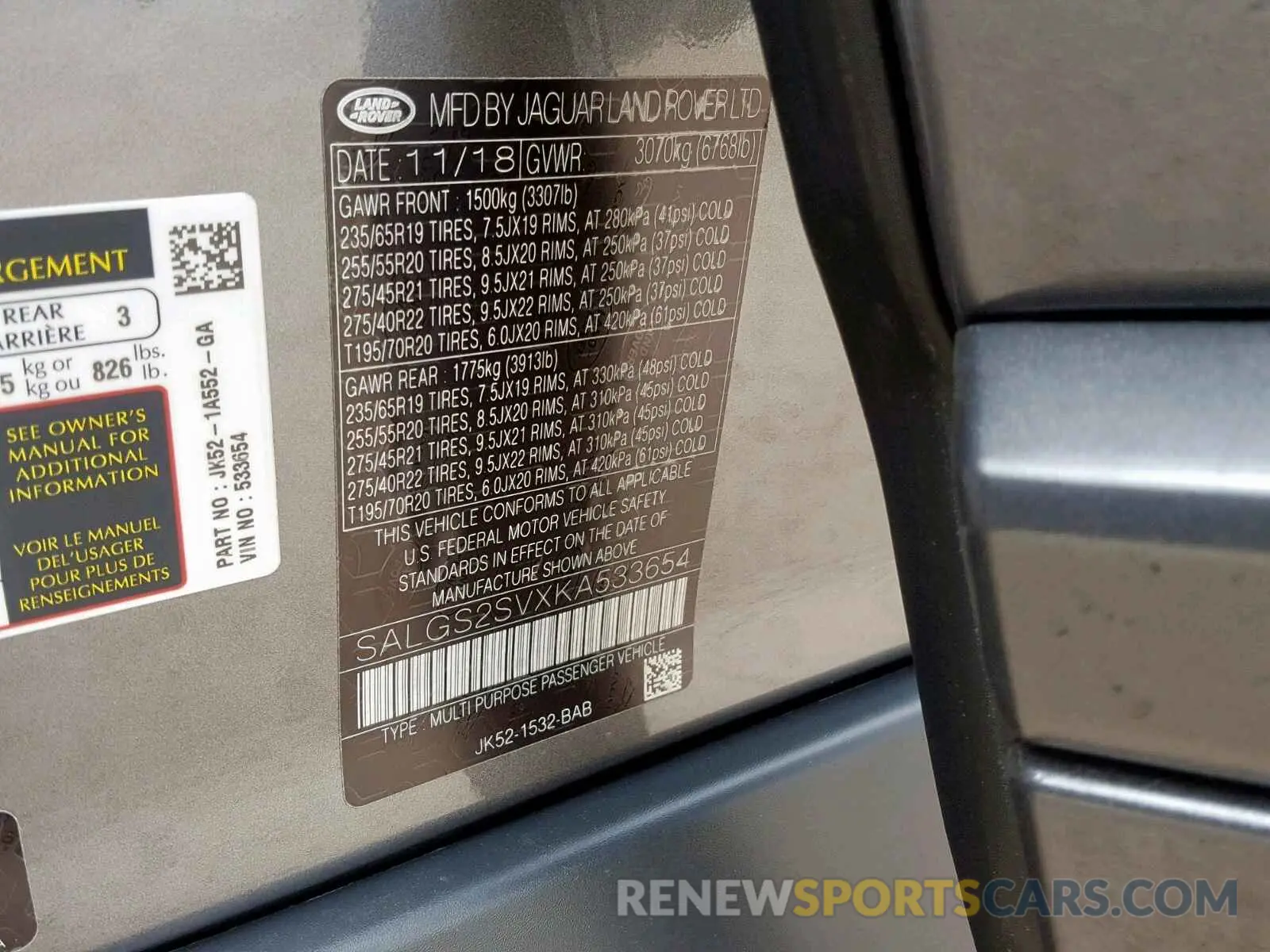 10 fotografías del automóvil dañado SALGS2SVXKA533654 LAND ROVER RANGE ROVE 2019