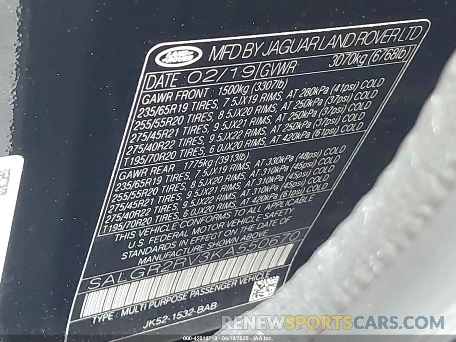 9 fotografías del automóvil dañado SALGR2RV3KA550670 LAND ROVER RANGE ROVER 2019