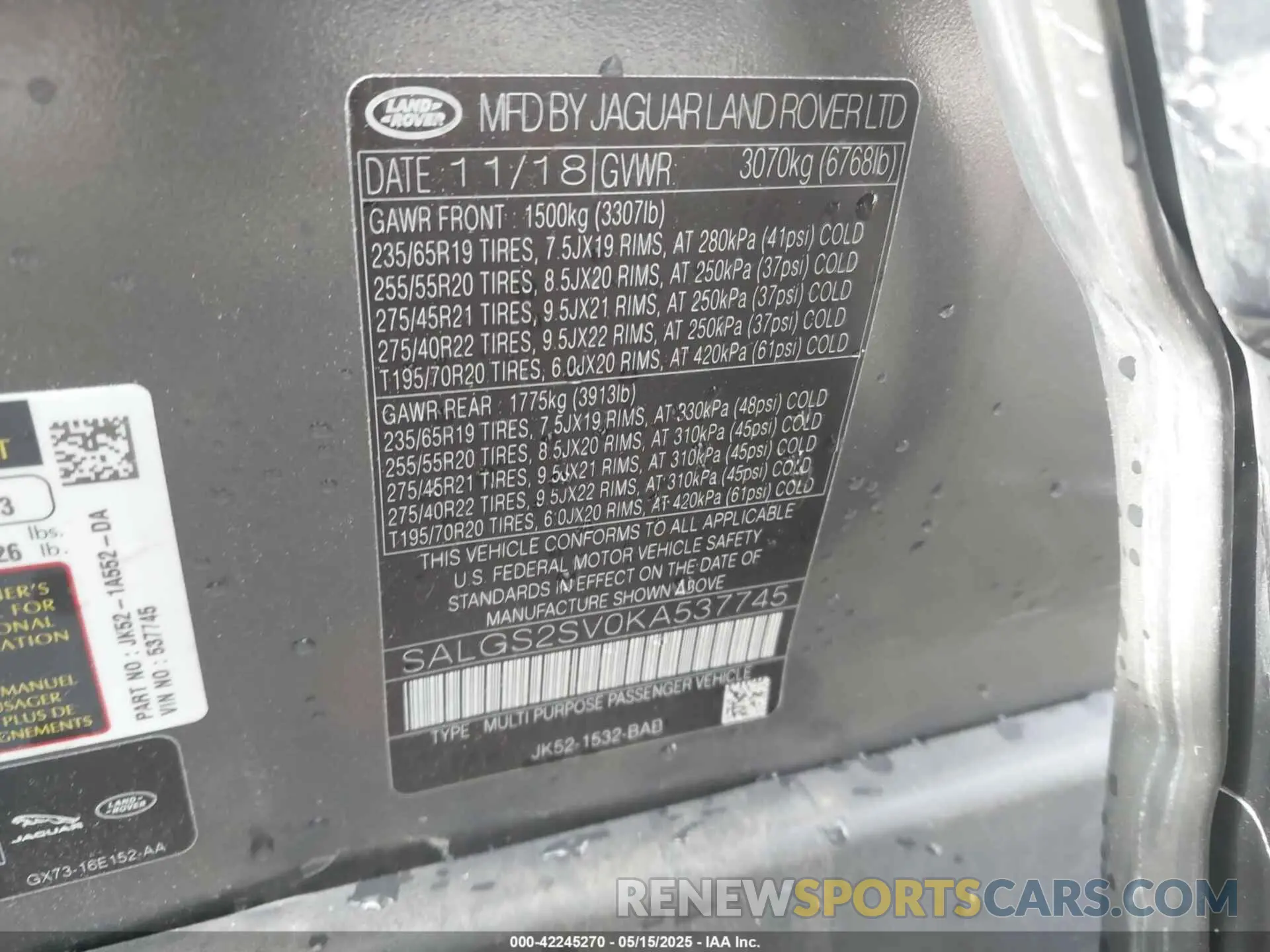9 fotografías del automóvil dañado SALGS2SV0KA537745 LAND ROVER RANGE ROVER 2019