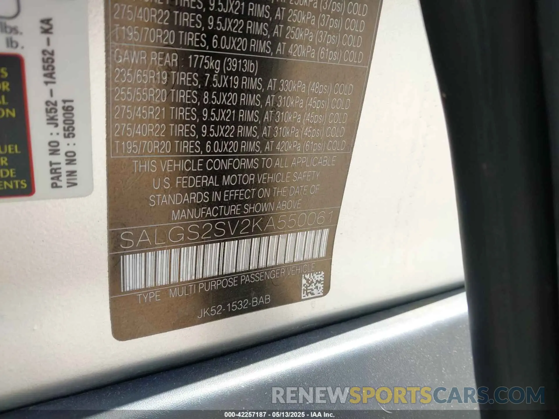 9 fotografías del automóvil dañado SALGS2SV2KA550061 LAND ROVER RANGE ROVER 2019