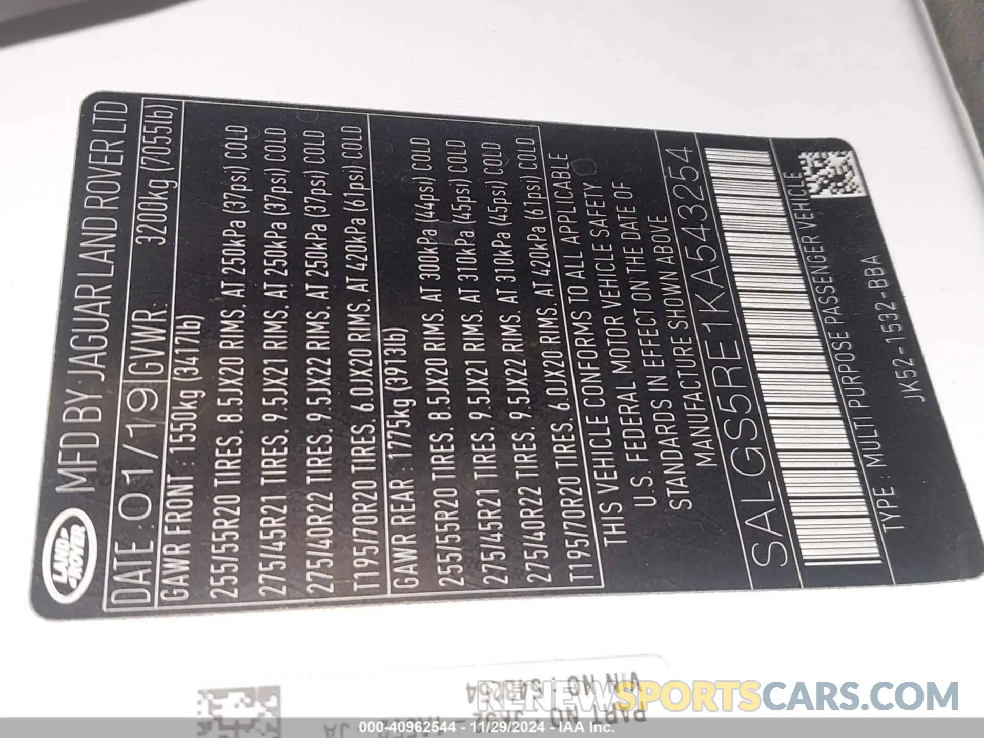 9 fotografías del automóvil dañado SALGS5RE1KA543254 LAND ROVER RANGE ROVER 2019