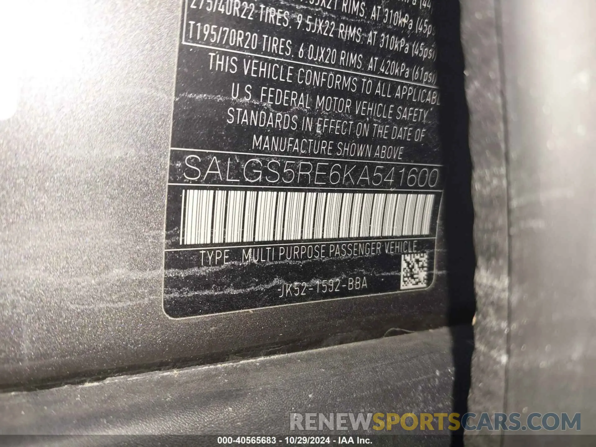 9 fotografías del automóvil dañado SALGS5RE6KA541600 LAND ROVER RANGE ROVER 2019