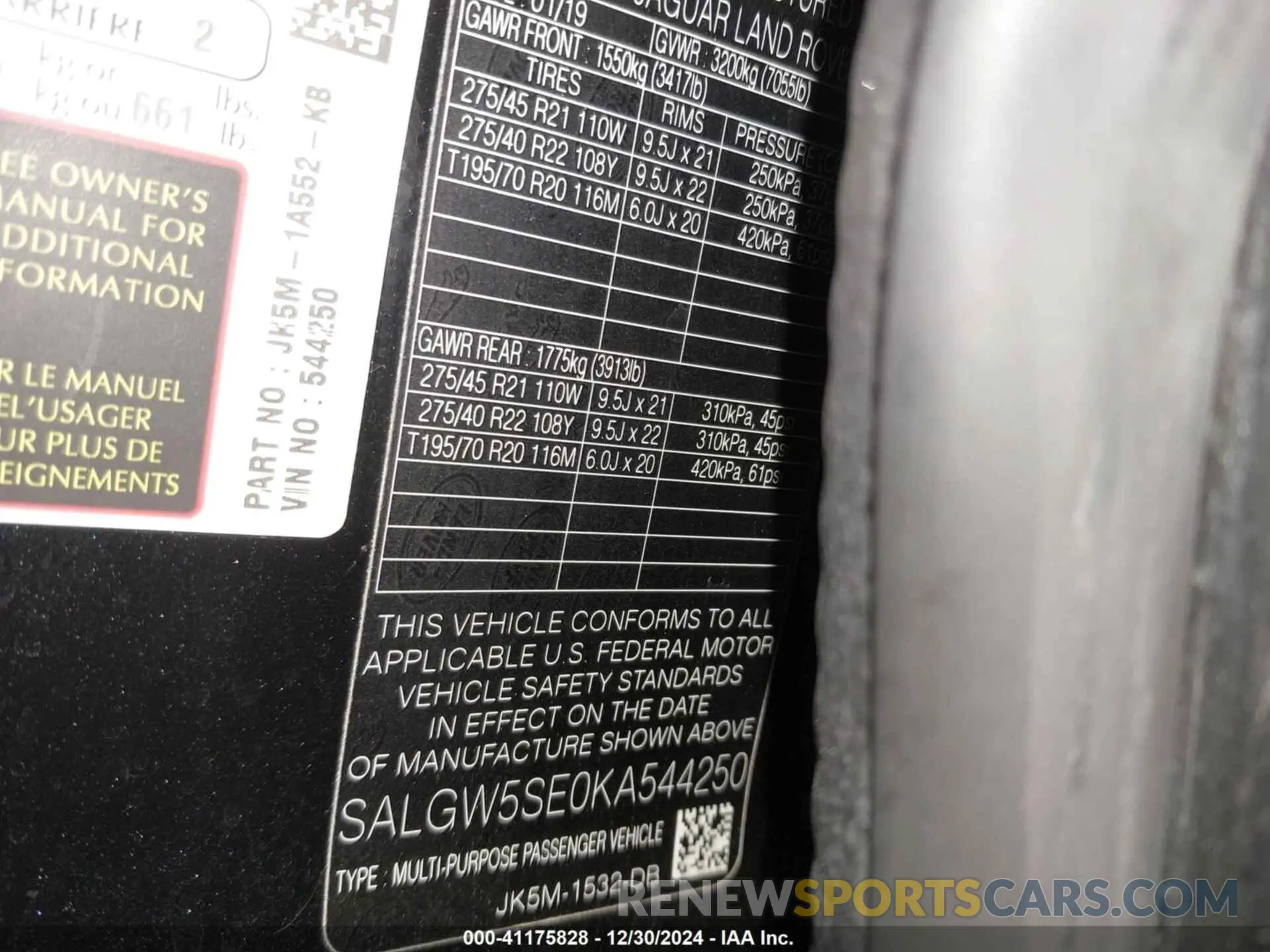 9 fotografías del automóvil dañado SALGW5SE0KA544250 LAND ROVER RANGE ROVER 2019